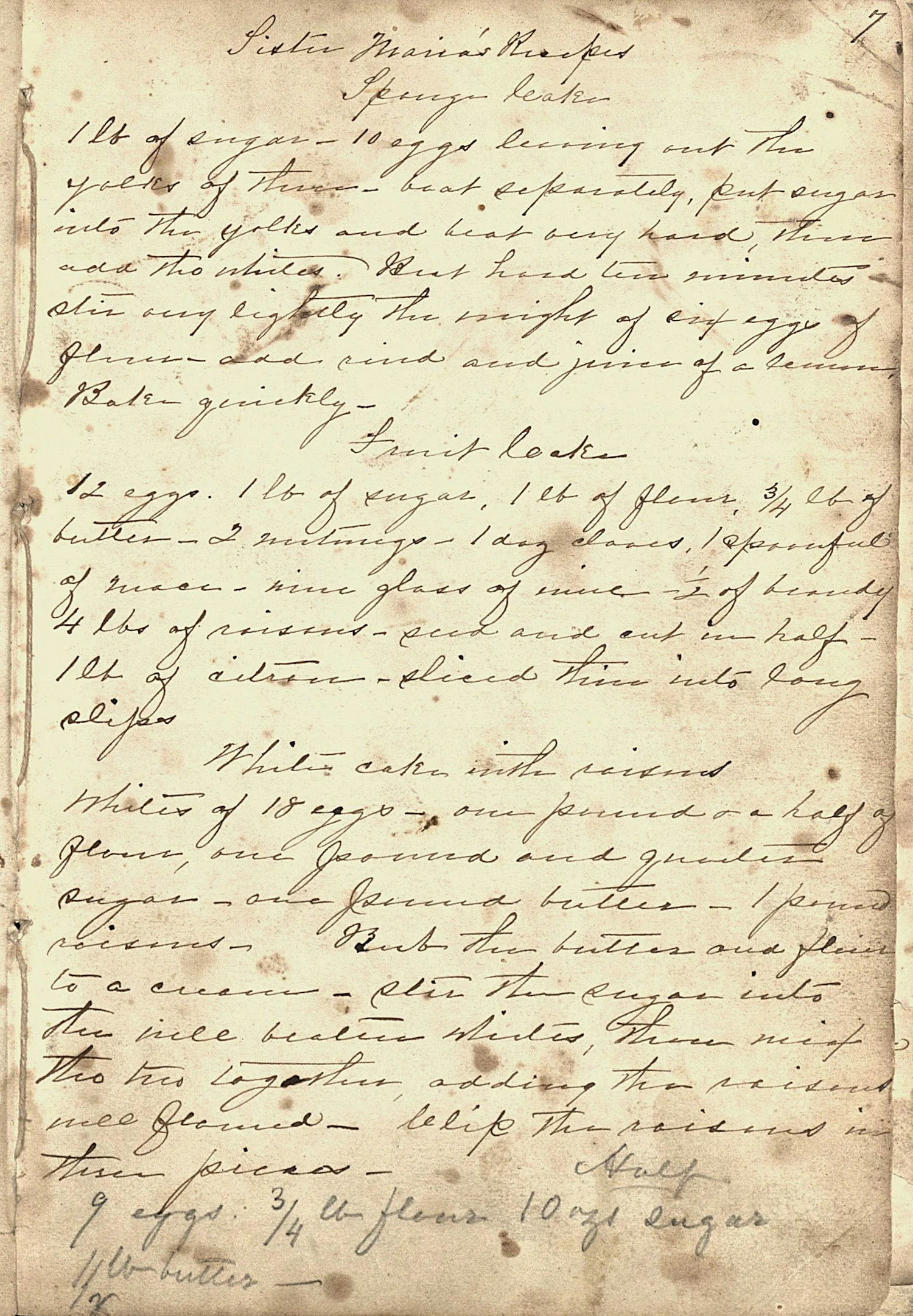 Handwritten recipes for Sister Maria's sponge cake, fruit cake, and white cake with raisins