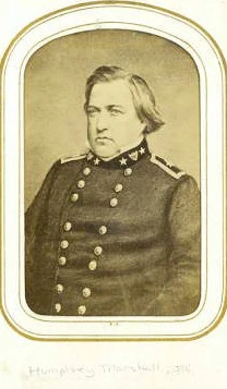 Black and white bust portrait print of Confederate general and Ky native Humphrey Marshall. Marshall is depicted in a double-breasted Confederate officer's uniform.