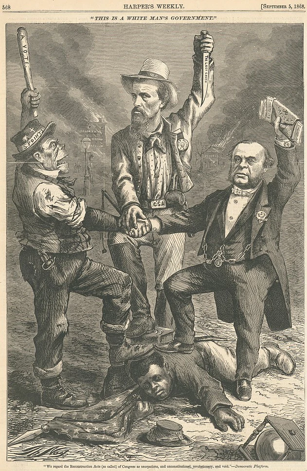 Print cartoon showing man with belt buckle "CSA" holding a knife "the lost cause"; a stereotyped Irishman holding club "a vote," and another man wearing a button "5 Avenue" and holding wallet "capital for votes," with their feet on an African American soldier sprawled on the ground. In the background, a "colored orphan asylum" and a "southern school" are in flames; African American children have been lynched near the burning buildings.
